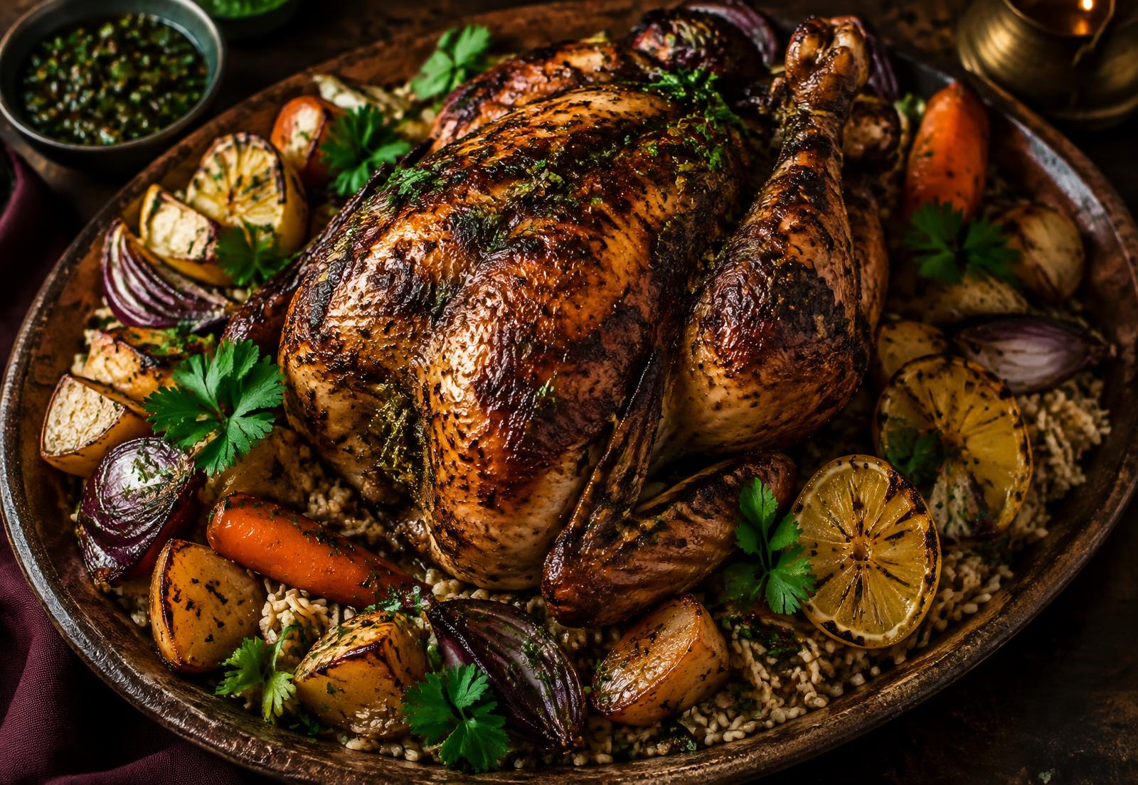 Herb-roasted chicken with roasted vegetables and rice